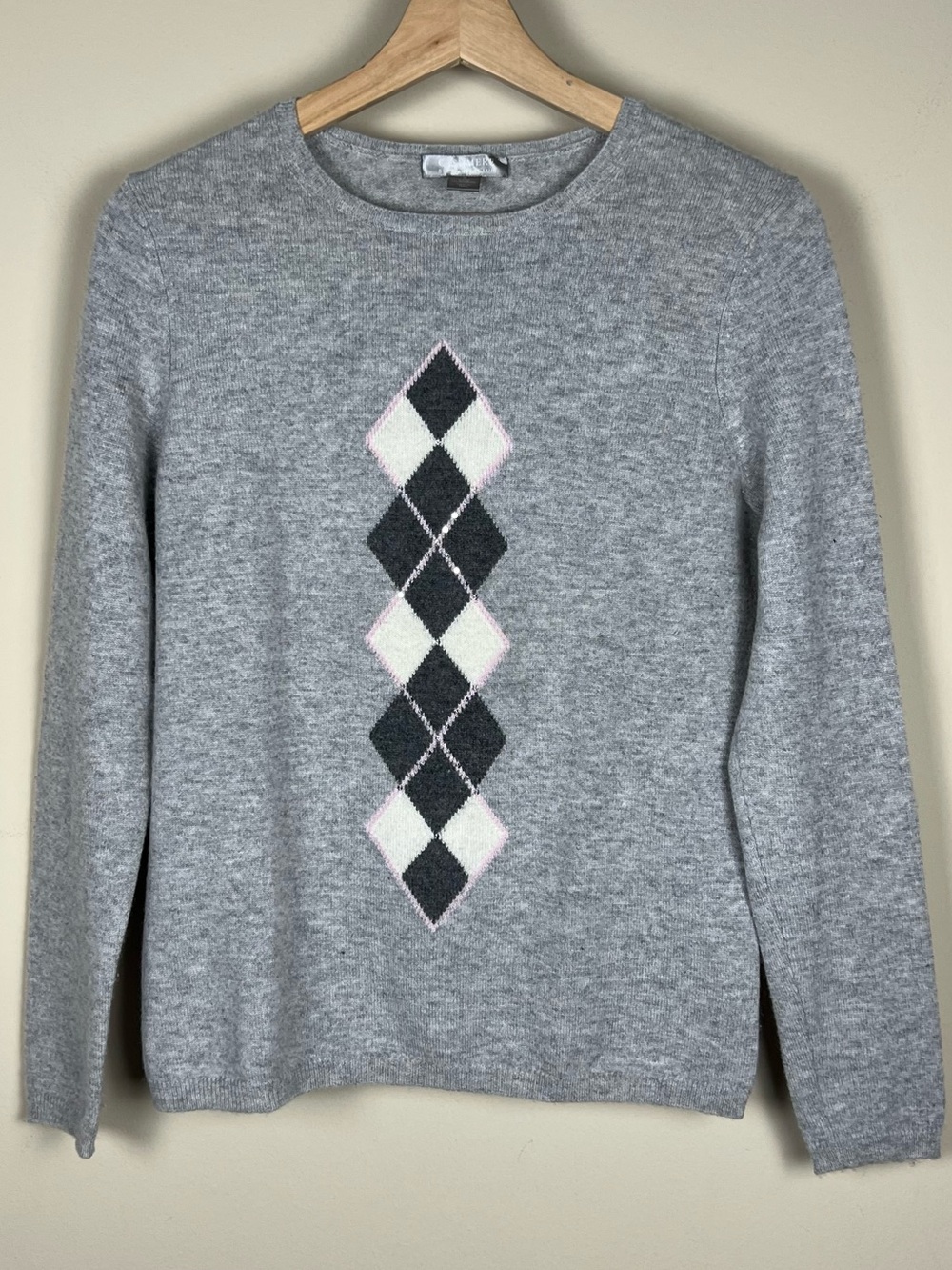 Charter Club Gray 100% Cashmere Crewneck Sweater Central Argyle Size S